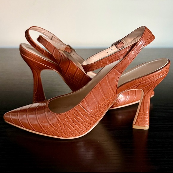 Brown Croc-Embossed Ankle-Strap Pointed Toe Pumps - Picture 8 of 11